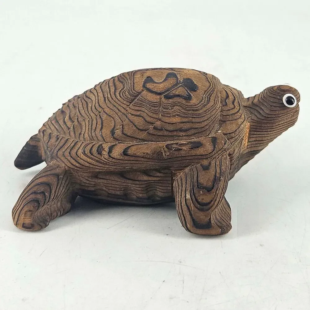 Vintage Crypyomeria Cedar Wood Turtle Figurine Wooden Hand Carved Folk Art Japan